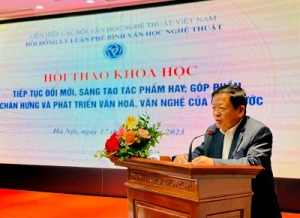 PGS. TS, nhạc sĩ Đỗ Hồng Quân, Chủ tịch Liên hiệp các Hội VHNT Việt Nam phát biểu tại hội thảo.
